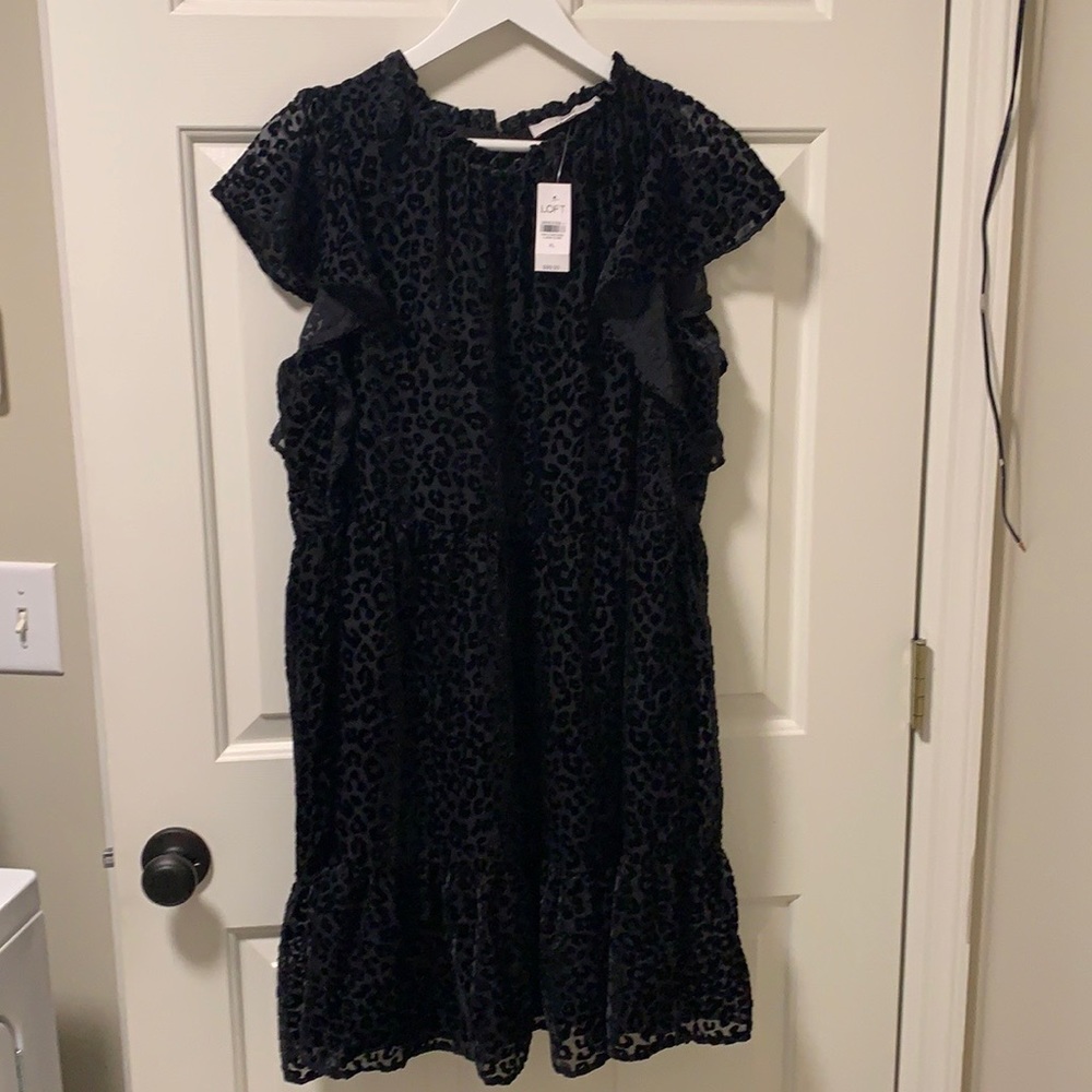 LOFT Leopard Print Velvet Swing Dress Black